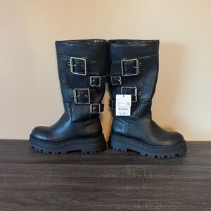 Zara Black Leather Boots with Buckle Detail